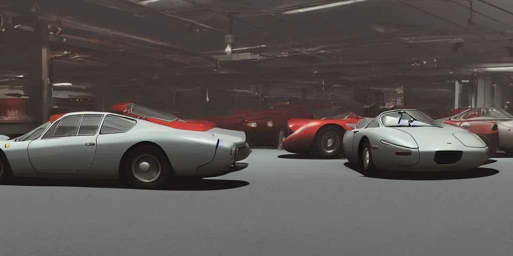 Prompt: a wholesome animation key shot of a focused old ferrari car in a car park, long shot, waist up, studio Ghibli, Pixar and Disney animation, sharp, very detailed, high resolution, Rendered in Unreal Engine 5, anime key art by Greg Rutkowski, Bloom, dramatic lighting