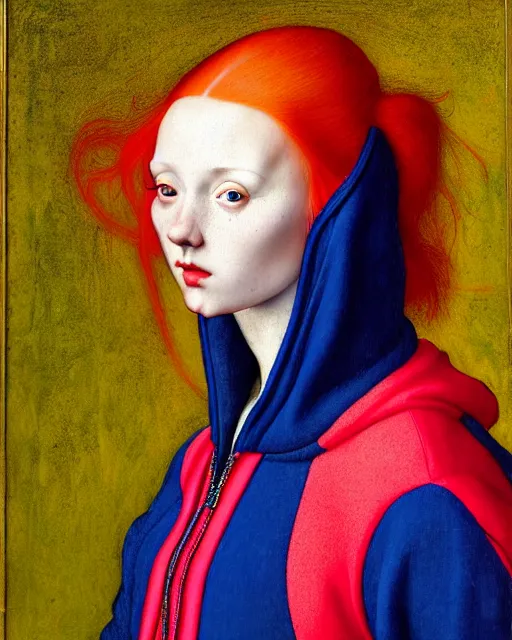 Image similar to portrait of a woman with red hair, wearing a neon blue hoodie, standing in a botanical garden, intricate details, high detail, in the style of rogier van der weyden and jacopo da pontormo, by mark ryden, punk,