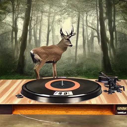 Image similar to “a deer dj playing on turntables, hyperexpressive beatiful matte painting, dynamic scene”