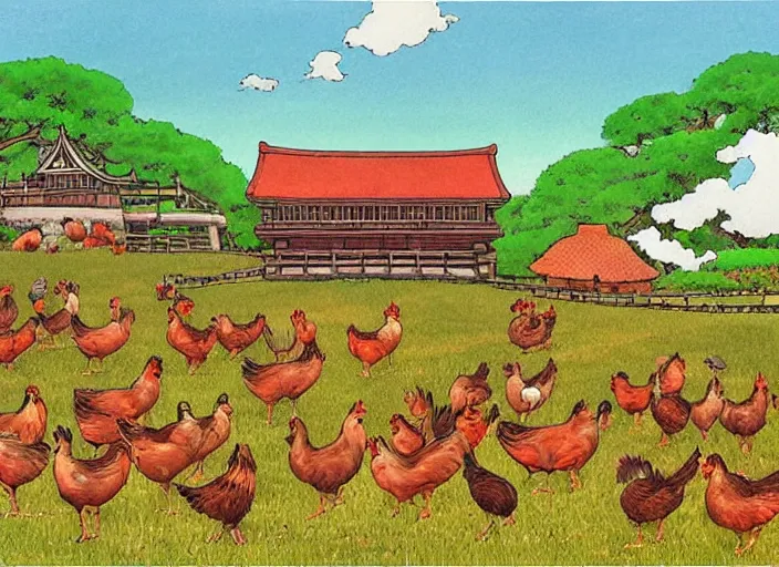 Image similar to big red and brown japanese fort in a meadow with chickens by studio ghibli painting