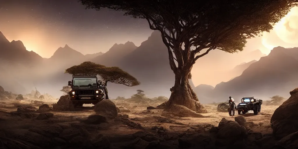 Prompt: mahindra thar riding through moonlit socotra island with dragon trees, starry night, chasing action scene, epic fantasy, sharp focus, trending on ArtStation, masterpiece, by Greg Rutkowski, by Ross Tran, by Fenghua Zhong, corona render, soft render, ultrarealistic, colorful, cinematic, matte painting, shadow of the tomb rider