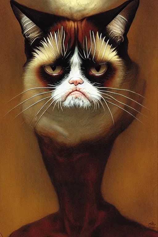 Image similar to portrait of grumpy cat in the style of wayne barlowe, gustav moreau, goward, bussiere, roberto ferri, santiago caruso, luis ricardo falero, austin osman spare