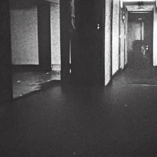 Prompt: a expired flash photo of creepy man with an unnatural posture standing in a vantablack dark!!! russian basement from the horror movie rec, out of focus, uncanny valley, shaky camera, it is deformed and is staring at the camera from the end of a dark liminal hallway. caught on vhs, film grain, national geographic award winning photography,