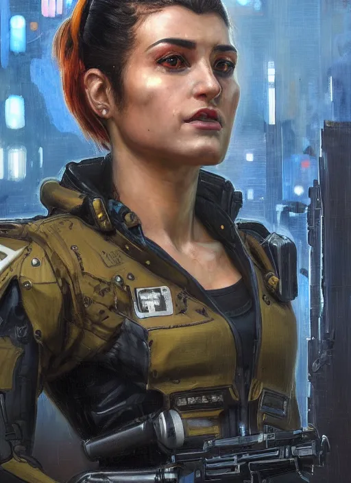 Prompt: Nikki. cyberpunk female USN marine wearing a military vest and powerful military cyberpunk exo-suit (cyberpunk 2077, bladerunner 2049). gorgeous face. Iranian orientalist portrait by john william waterhouse and Edwin Longsden Long and Theodore Ralli and Nasreddine Dinet, oil on canvas. Cinematic, hyper realism, realistic proportions, dramatic lighting, high detail 4k