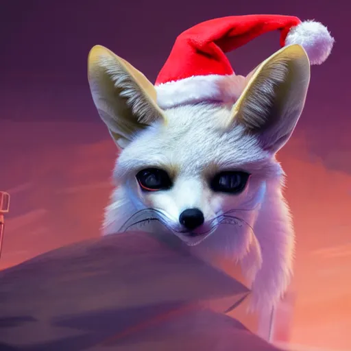 Prompt: portrait futuristic fennec fox animal, wearing a santa hat on their head, in future cyberpunk tokyo rooftop , sci-fi, fantasy, intricate, very very beautiful, elegant, human anatomy, neon light, highly detailed, digital painting, artstation, concept art, smooth, sharp focus, illustration, art by tian zi and WLOP