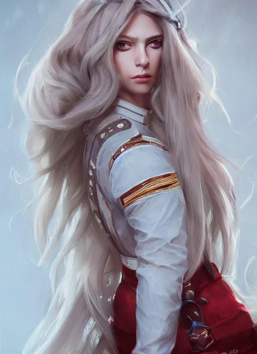 Image similar to a highly detailed illustration of beautiful long dirty blonde haired pale girl wearing epaulette uniform wearing white pants, red eyes, intricate, elegant, highly detailed, centered, digital painting, artstation, concept art, smooth, sharp focus, league of legends concept art, WLOP