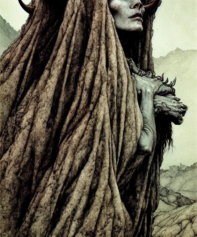 Image similar to A detailed horned goatwoman stands among the hills. Wearing a ripped mantle, robe. Perfect faces, extremely high details, realistic, fantasy art, solo, masterpiece, art by Zdzisław Beksiński, Arthur Rackham, Dariusz Zawadzki
