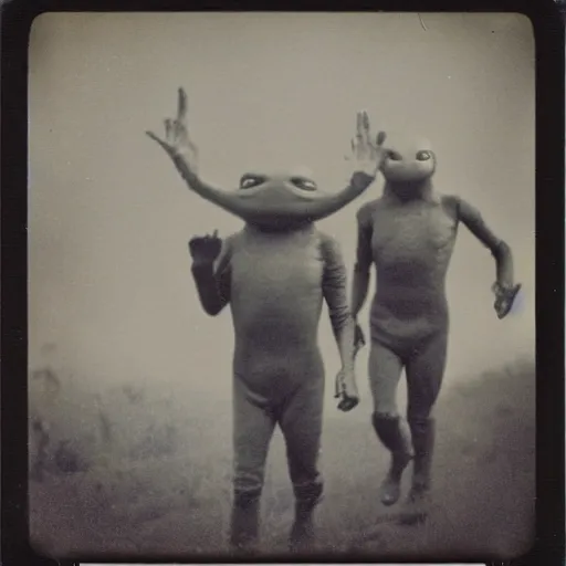 Image similar to polaroid photograph of horrorific alien beings visiting earth, 1 9 5 0