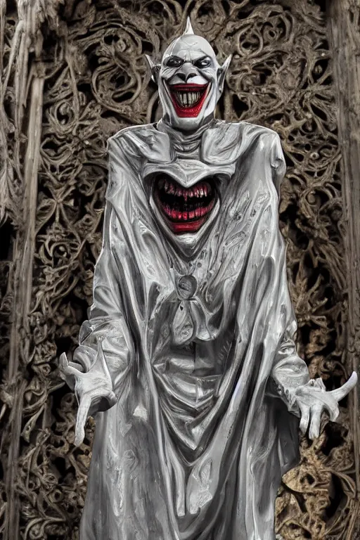 Image similar to a cinematic view of a ornated intricate gothic sacred statue of medieval joker made in light concrete, with few ornaments in shiny polished chrome, sculpted by gaudi, neutral background