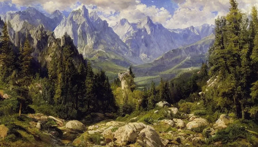 Image similar to a beautiful mountain valley by eugene von guerard, ivan shishkin, john singer sargent