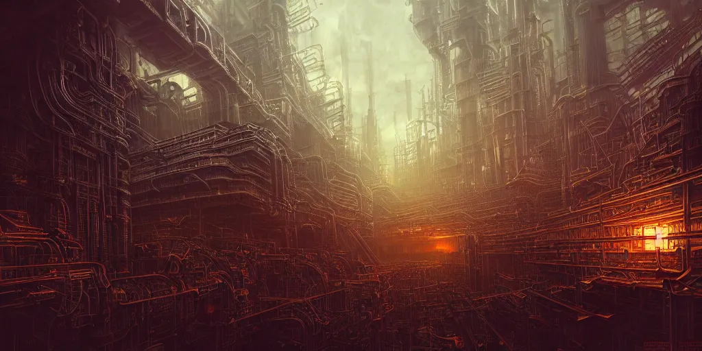 Prompt: futuristic dystopian endless, intricate, complex, labyrinthine, byzantine, tangled, industrial complex, smokestacks, pipelines and ducts and vents, landscape painting, steampunk, smoke, night, gloomy, dark, dramatic, cinematic, volumetric lighting, gods eye view, science fiction art