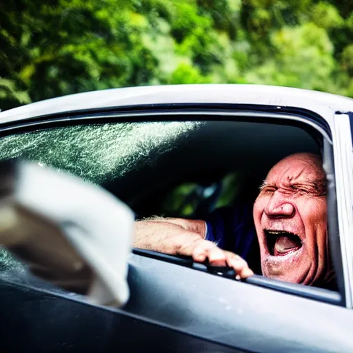 Prompt: an old man screaming out his car window in a drive thru, photography, fury,