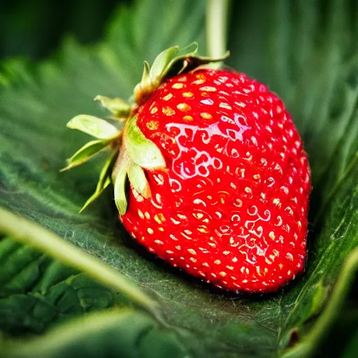 Image similar to a strawberry with eyes instead of pips, photography.