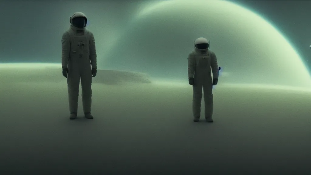 Image similar to a man exploring space, film still from the movie directed by denis villeneuve with art direction by zdzisław beksinski, wide lens