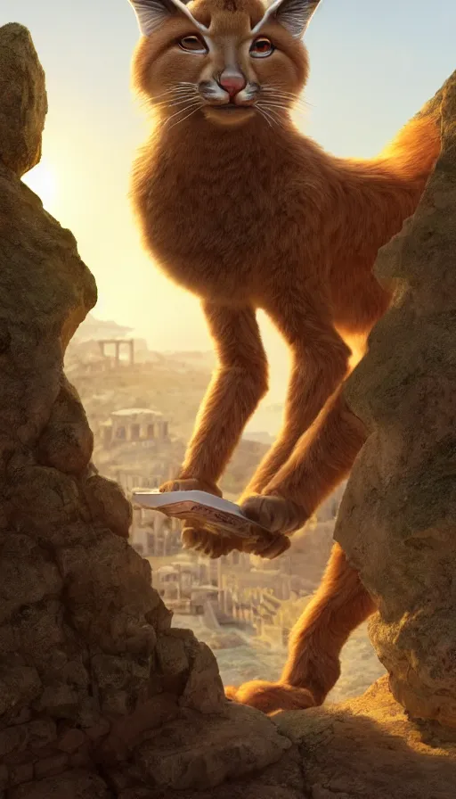 Image similar to fullbody photo of humanoid cute fluffy caracal dressed as alexander the great, sun behind him, ancient greek city, sunny day, by ilya kuvshinov, rtx rendering, octane render 1 2 8 k, maya, extreme high intricate details by tom bagshaw, medium shot, close up shot, composition by sana takeda, lighting by greg rutkowski