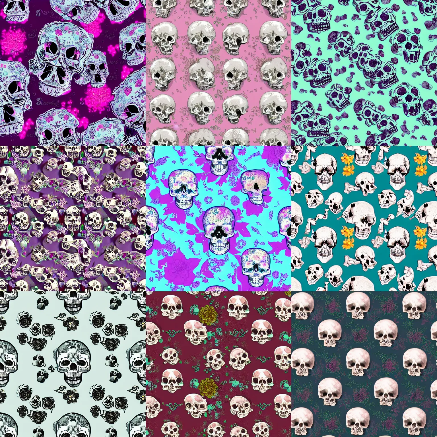 Prompt: skulls inside skulls, fractals, floating in the air, soft focus, pastel colours, background old wallpaper with flowers.
