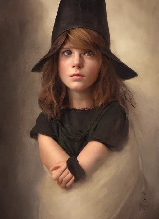 Prompt: a portrait of a thirteen year old girl with brown hair and a stern expression. she is wearing a green dress and a black pointed witch hat. beautiful painting with highly detailed face by greg rutkowski and raymond swanland