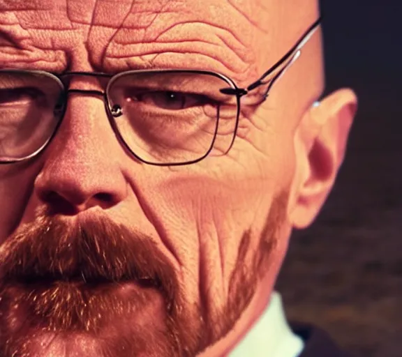 Image similar to walter white singing with a microphone in the desert, realistic, movie still, close up