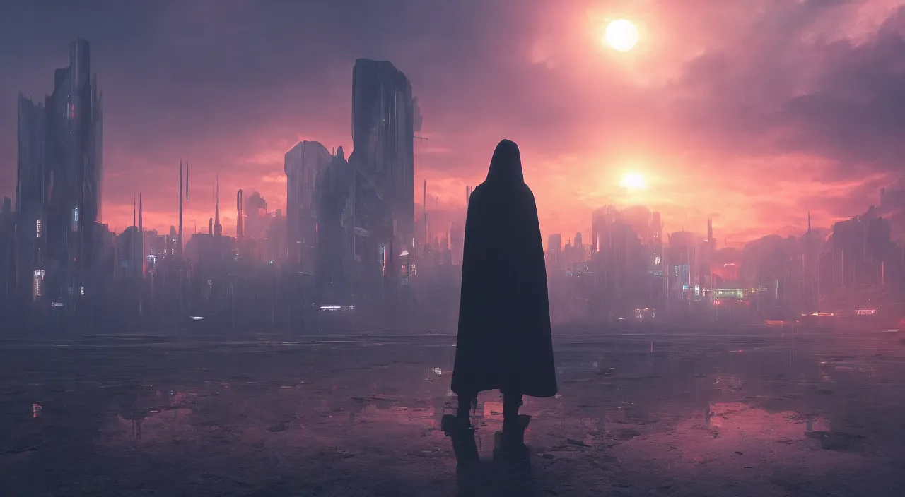 Image similar to a singular cloaked figure standing in the foreground of a cyberpunk landscape, synth, puddles, sunrise