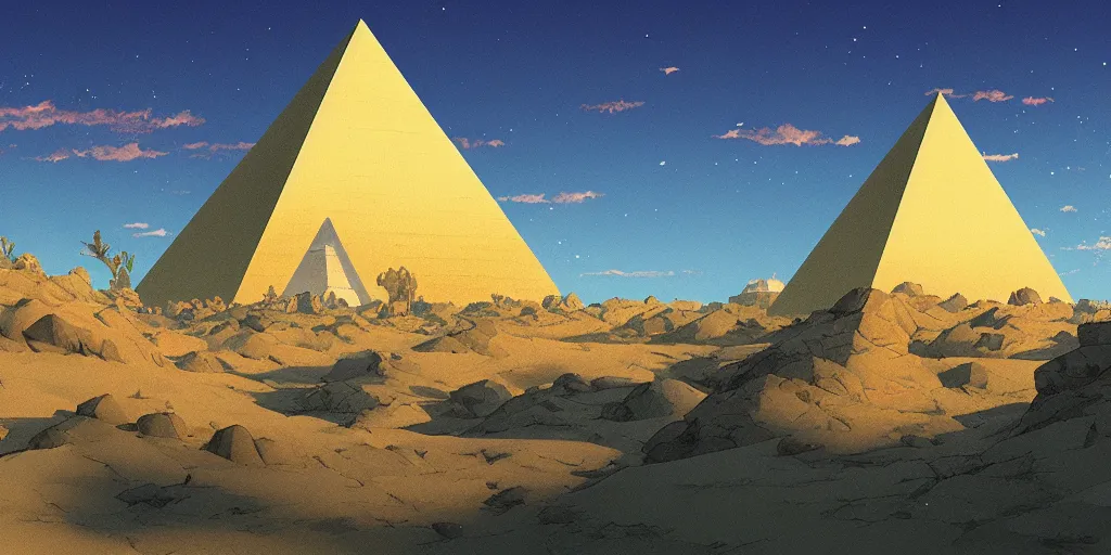 Prompt: a stunning desert landscape with a pyramid by makoto shinkai