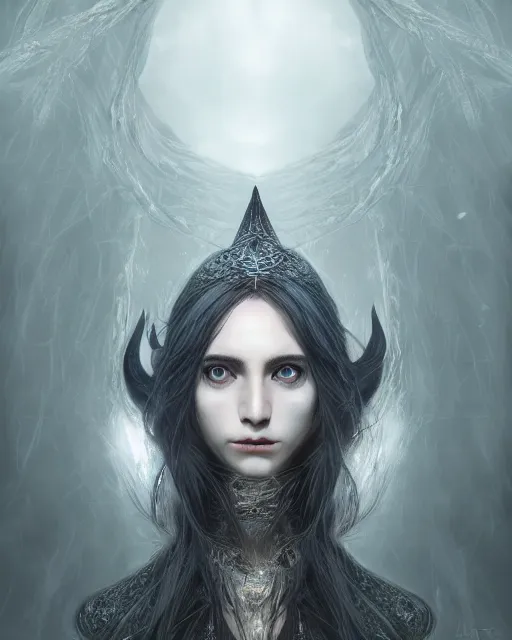 Image similar to portrait of a beautiful female witch with shimmering hair, symmetrical face and eyes, cgsociety, Elden Ring, Dark Souls, Bloodborne