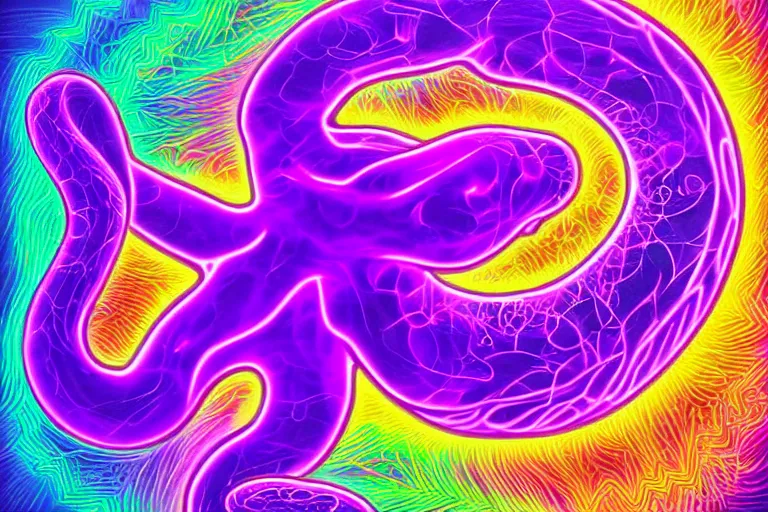 Prompt: digital art of a neon purple octopus floating in space by alex grey, neon outline, sharp lines, blurry background (arcylic), ((synthwave)),