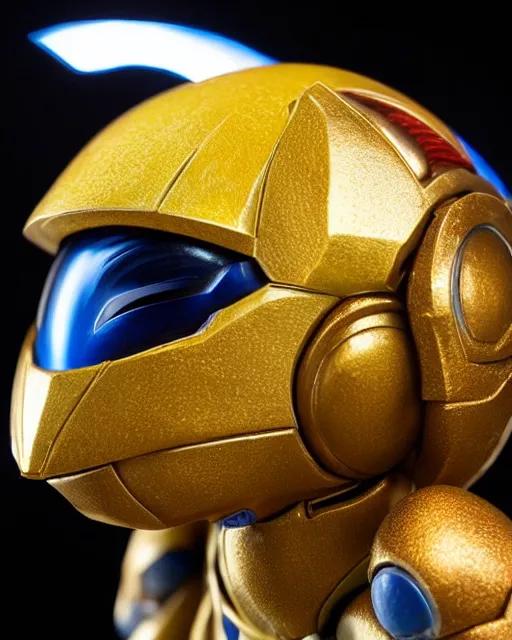 Image similar to helmet portrait of a figurine of samus aran's varia power suit from the sci - fi nintendo videogame metroid. designed by hiroji kiyotake, gene kohler and rodney brunet. metroid zero mission. metroid prime. glossy. masterpiece. intricate cybertronics. shallow depth of field. suit of armor.