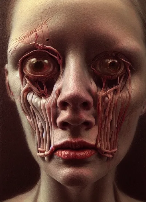 Image similar to there is ugliness in beauty, but there is also beauty in ugliness detailed portrait painting inspired by beksinski and alex gray, accurate anatomy by jenny saville, edward hopper trending on artstation. 8 k