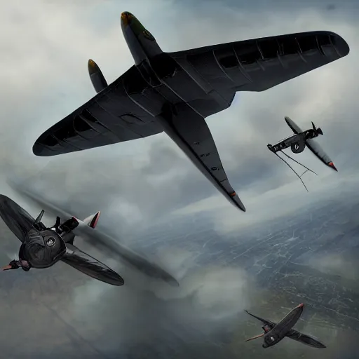 Image similar to a detailed matte painting of a pteridactal flying with nazi messerchmitts in a bombing raid, 8 k, artstation, art in a noir crime novel style