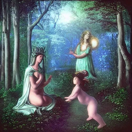 Prompt: “the goddess of love and her daughter making a ritual in a magical forest”