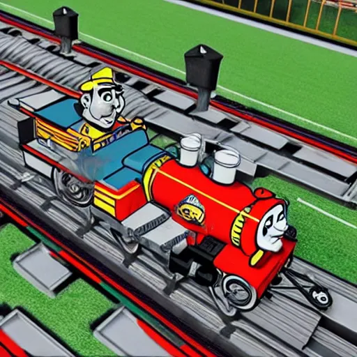 Prompt: purdue pete in the style of thomas the tank engine, on a football field, large, realistic