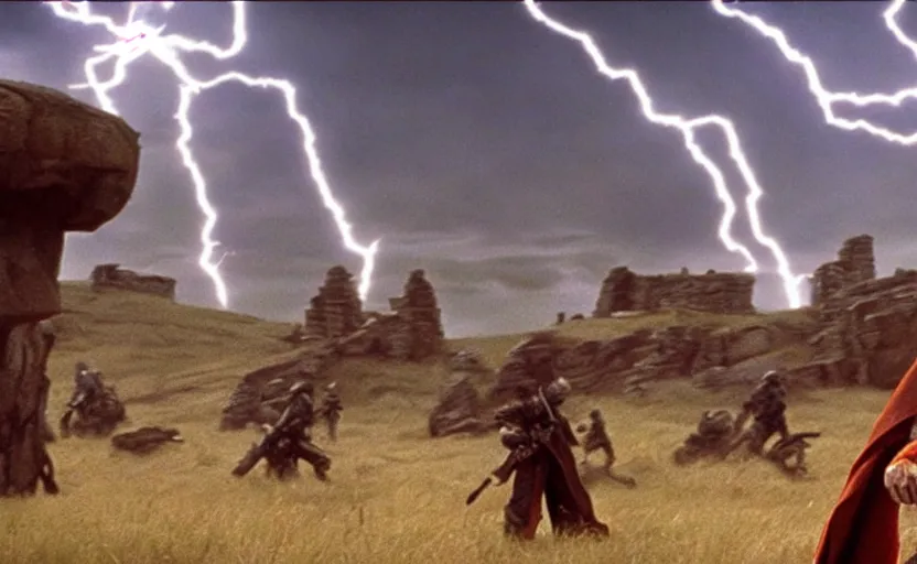 Image similar to screenshot portrait of Luke Skywalker in a windy lightning battlefield with scattered ruins of a fiery jedi rock temple, surrounded by giant AT-AT walkers, with young jedi army behind him, iconic scene from 1970s film by Stanley Kubrick, last jedi, 4k HD, cinematic lighting, beautiful portrait of Mark Hammill, moody scene, stunning cinematography, mcu effects, anamorphic lenses, kodak color film stock