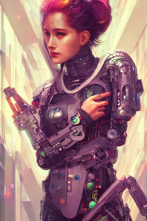 Image similar to portrait futuristic Cyber warrior Girl, in future cyberpunk tokyo rooftop , ssci-fi, fantasy, intricate, very very beautiful, elegant, neon light, highly detailed, digital painting, artstation, concept art, smooth, sharp focus, illustration, art by WLOP and tian zi and alphonse mucha