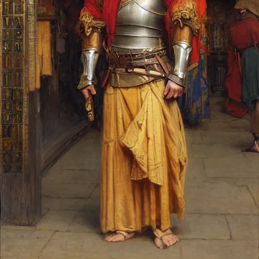 Prompt: orientalist painting of a knight standing in a market intricate artwork by john william waterhouse and Edwin Longsden Long and Theodore Ralli and Henryk Siemiradzki. trending on artstation, very coherent symmetrical artwork high detail 8k