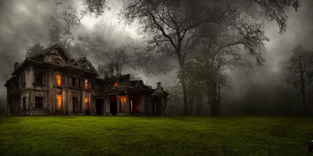 Image similar to a haunted old villa in the middle of an ancient forest, ominous Sky, gloomy atmosphere, cinematic, mist, High definition, 8k, ultra detailed