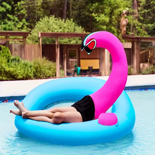 Image similar to Loki sitting on a flamingo pool float in a beautiful lake wearing colorful stockings