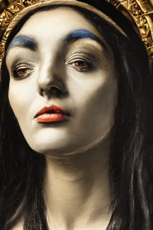 Prompt: hyperrealism close - up mythological portrait of a medieval woman's face merged with black paint in style of classicism, wearing silver silk robe, blue palette