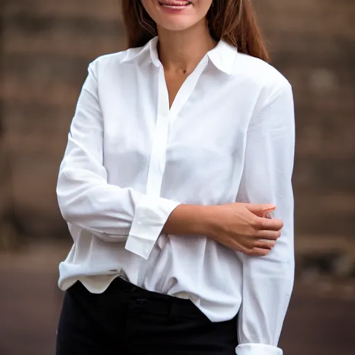 Prompt: photo of a woman wearing a white blouse