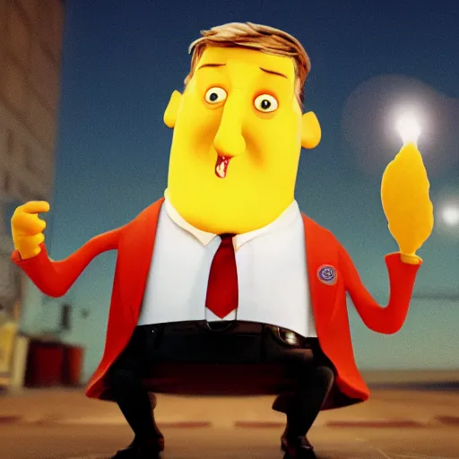 Image similar to photo of [ a single french fry chip ] shaped into stephen fry as a pixar character hybrid intercross mix cinematic lighting