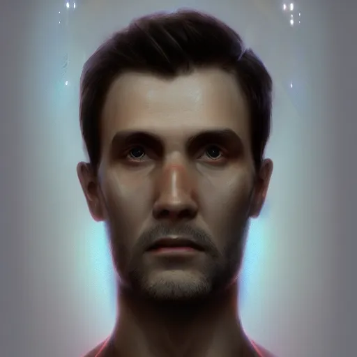 Prompt: a man with laser point between the eyes, tech divice, fullbody, sci - fi art, artstation