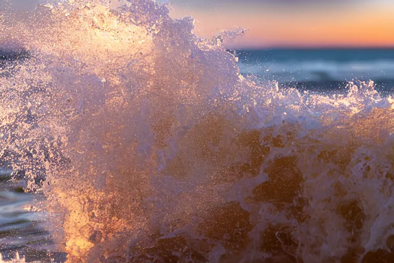 Image similar to high-speed extreme close-up photography splashing wave breaking on the ocean's sandy shore at sunset