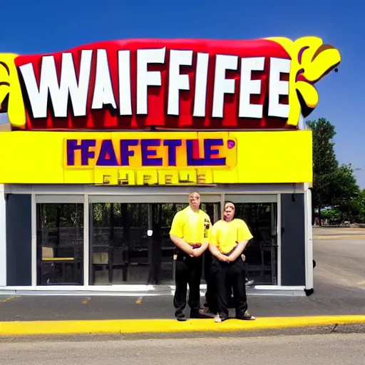 Image similar to wafflehouse employee's standing below wafflehouse sign, employees uniform is black and blue with yellow name tags