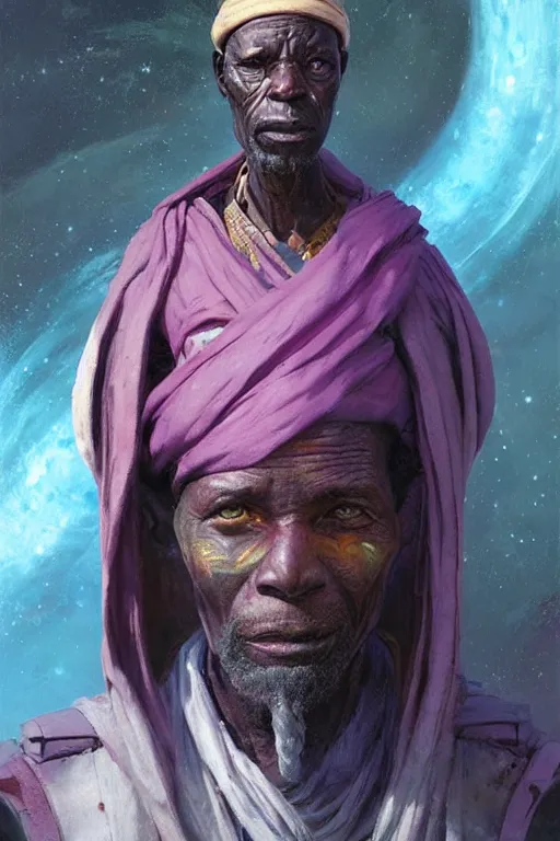 Prompt: a full body sci-fi portrait, oil painting, illustration of an old African Jedi, colourful, by Justin Sweet and Greg Rutkowski and Alphones Much