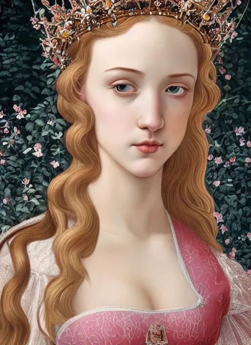 Prompt: closeup medieval botticelli face portrait of a fairytale princess wearing a crown eating cakes in the castle, bikini, depth of field, zeiss lens, detailed and intricate environment, fashion photoshoot by nicoletta ceccoli, mark ryden, lostfish, breathtaking, 8 k resolution, extremely detailed, beautiful, establishing shot, artistic, hyperrealistic, octane render