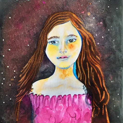 Prompt: a mixed media painting of a whimsical girl