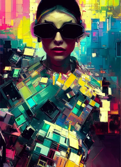 Prompt: a vision of vast cyberspace, a distant female hacker glitching through a vulnerable server, wearing sunglasses, futuristic clothes, vibrant colors, rule of thirds, spotlight, drips of paint, expressive, passionate, by greg rutkowski, by jeremy mann, by francoise nielly, by van gogh, digital painting