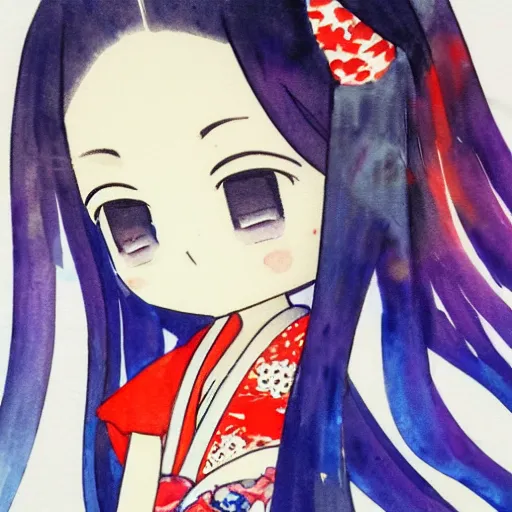 Image similar to beautiful water color concept art of face detailing cute nendoroid girl in the style of ukiyoe , toon rendering, close-up, no shade, modern art, kyoto animation