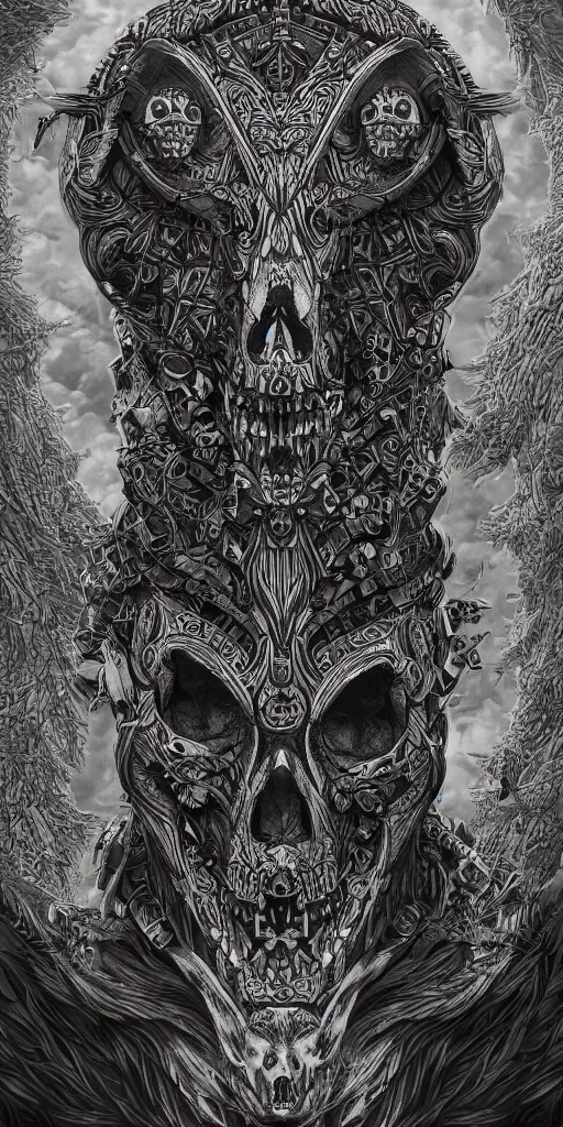 Image similar to A totem with a skull and an wolf, coherent, symmetrical, intricate, high detail, digital painting, hyper realism, octane render, 4k, trending on artstation