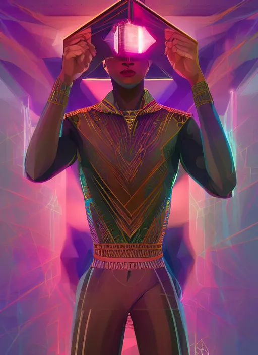 Prompt: symmetry!! egyptian prince holding crystal scepter of power, solid cube of light, hard edges, product render retro - futuristic poster scifi, lasers and neon circuits, brown skin man egyptian prince, intricate, elegant, highly detailed, digital painting, artstation, concept art, smooth, sharp focus, illustration, dreamlike, art by artgerm