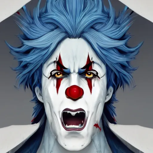 Image similar to 4K headshot of godlike clown with blue skin with defined arms and open hands and bloody clothes with giant mandala wings , white intricate scary clown makeup , flawless anime cel animation by Kentaro Miura, psychedelic , highly detailed upper body , professionally post-processed , beautiful, scary, symmetry accurate features, epic, octane rendered, anime masterpiece, accurate